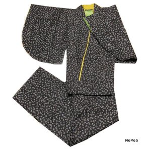 画像1: 二部式着物 袷 小紋 カジュアル着物 街着 着付け 練習着 仲居 セパレート ユニフォーム ツーピース 6965 黒色 (1)
